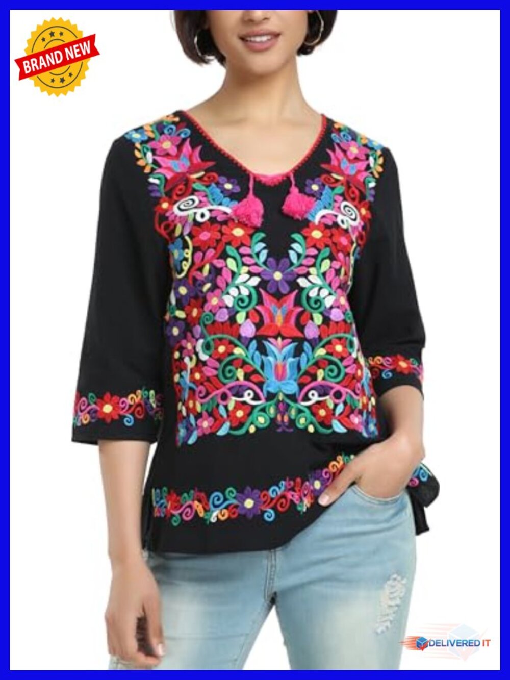 Womens Boho Floral Embroidered V Neck 3/4 Sleeve Tunic Blouse Cotton Peasant Top